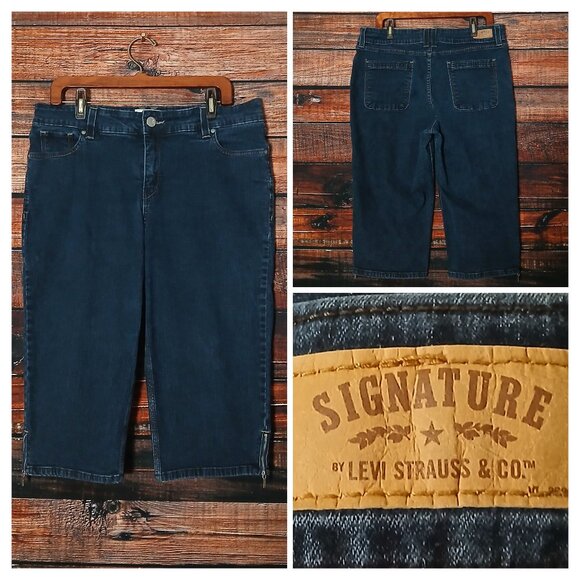 Signature Levis Capri Jeans Size 18 Zipped Cuff Dark Blue Denim Stretch Cropped - Picture 1 of 11